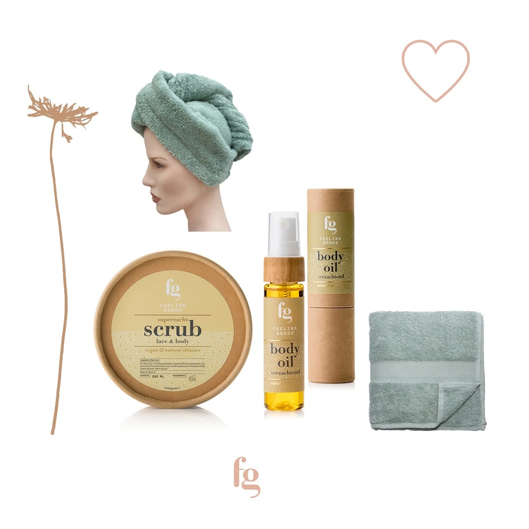 Feeling Goods Vegan cadeaupakket scrub, body oil, haarhanddoek, gezichtsdoekje